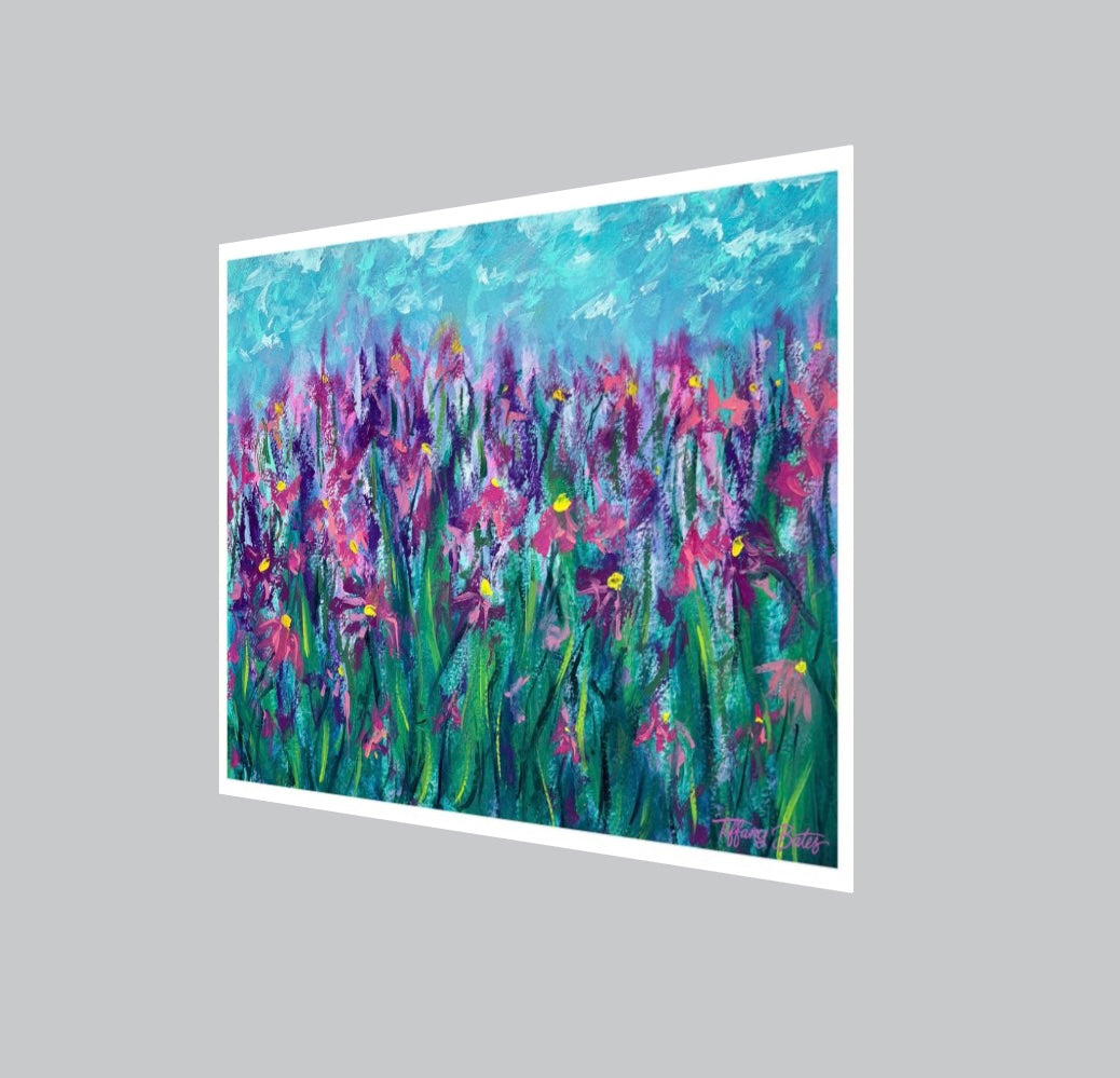 Fine art print of a vibrant oil Painting of a field of purple and pink wildflower field with a blue sky and wispy clouds.