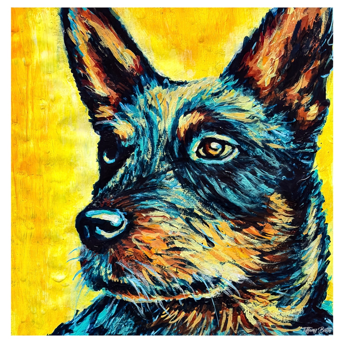 Original gouache painting of a blue heeler dog in lots of blues with colorful vibrant yellow background