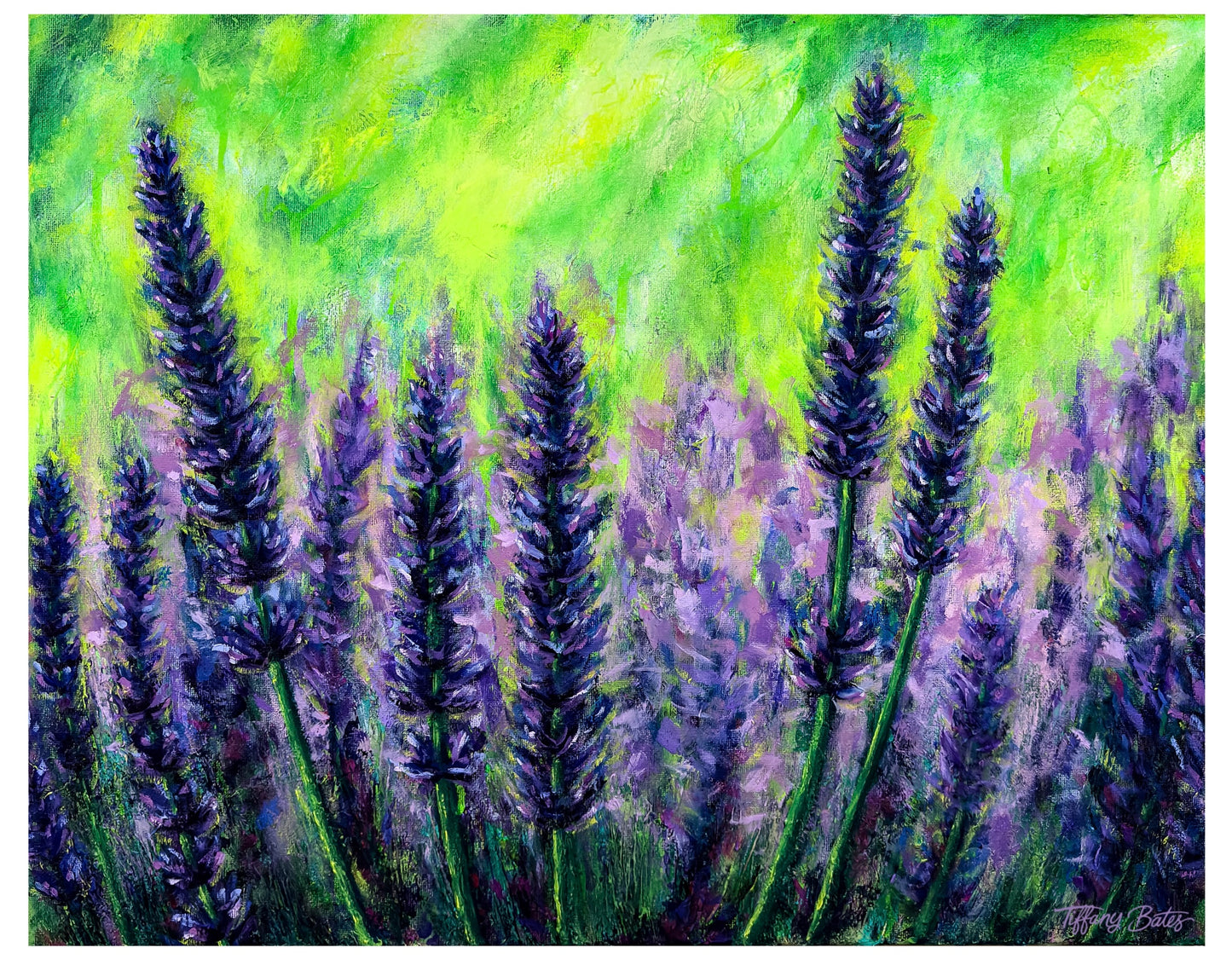 Vibrant colorful Painting of a purple lavender flower field with a green background.