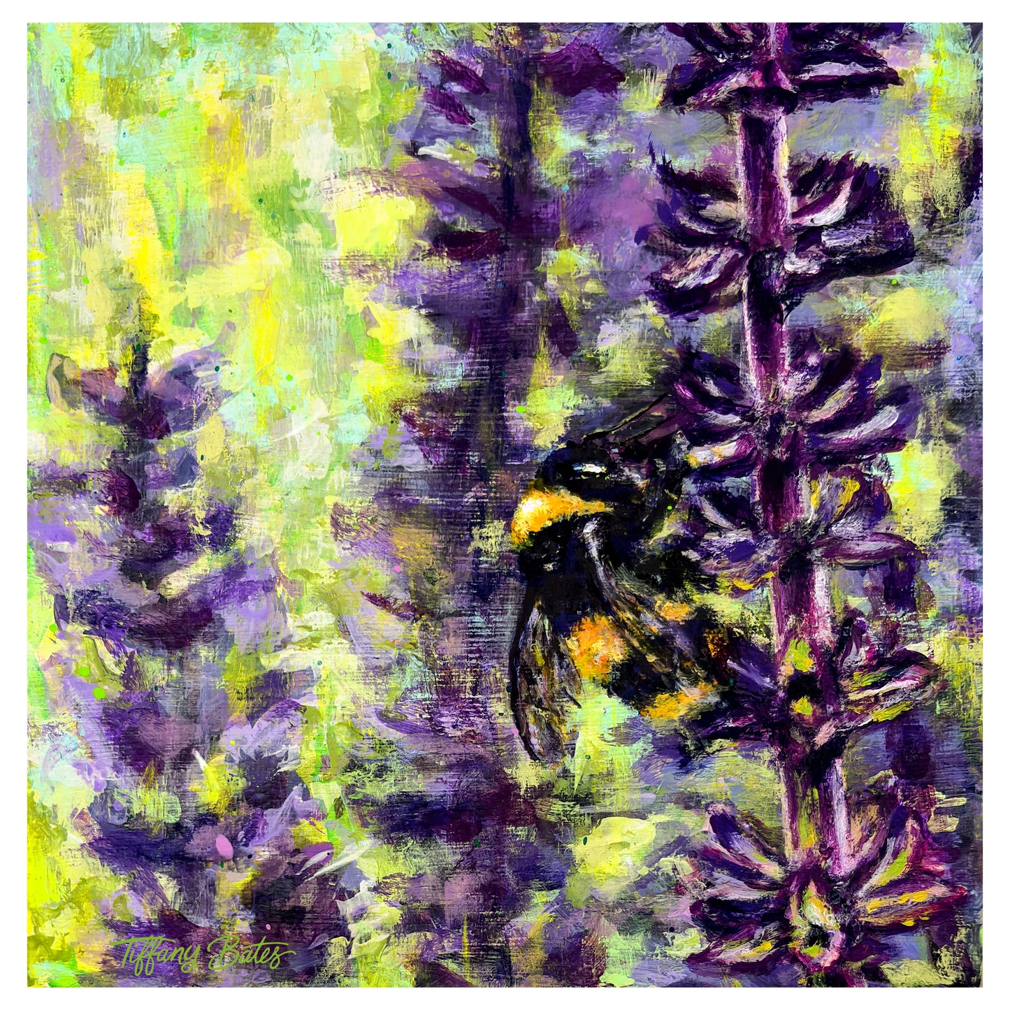 Vibrant, colorful Oil Painting of a bee on purple lavender flowers with a green abstract background