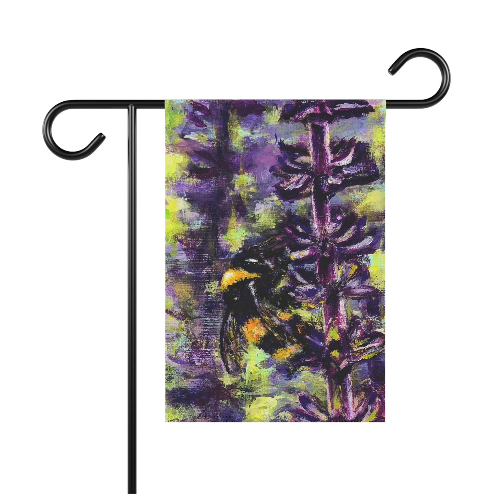 Decorative garden flag with the painting of a bee on purple lavender with green background 
