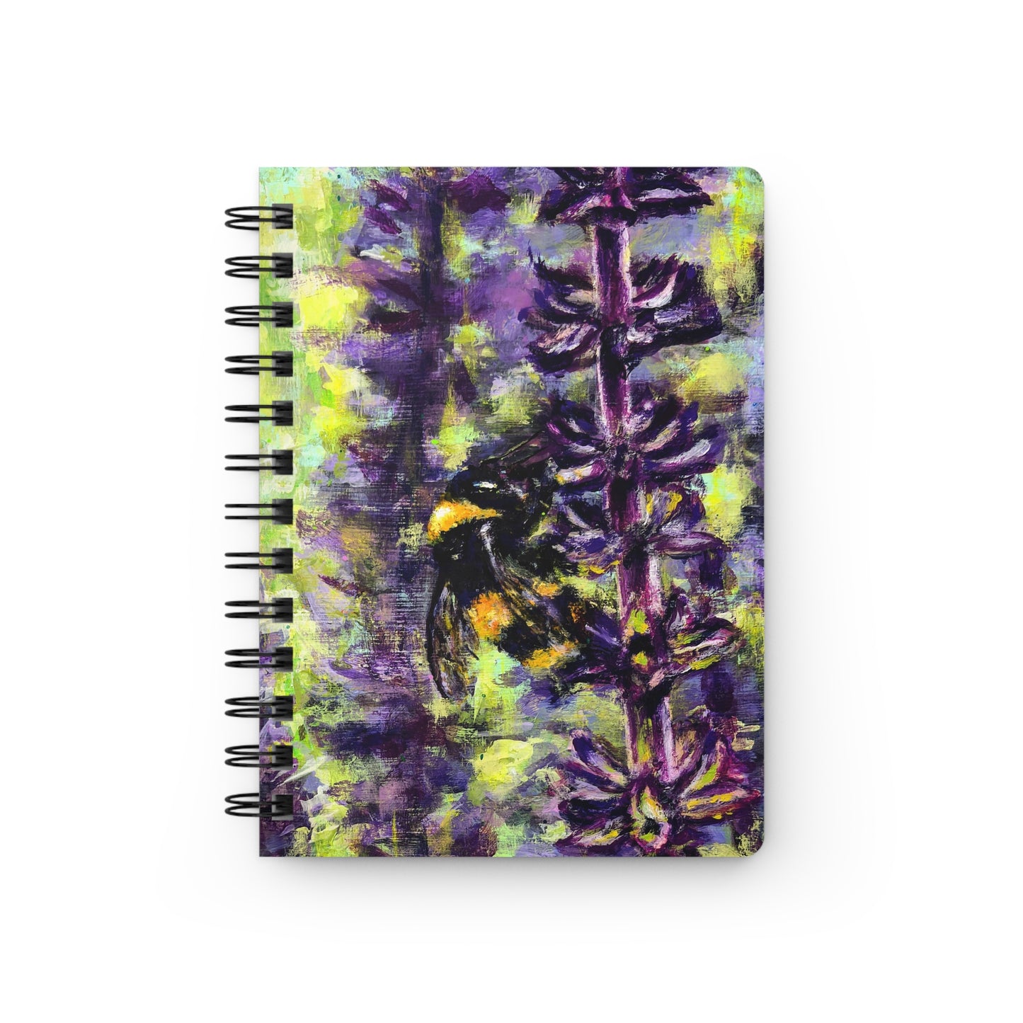 Notebook with painting of bee on lavender flower on cover