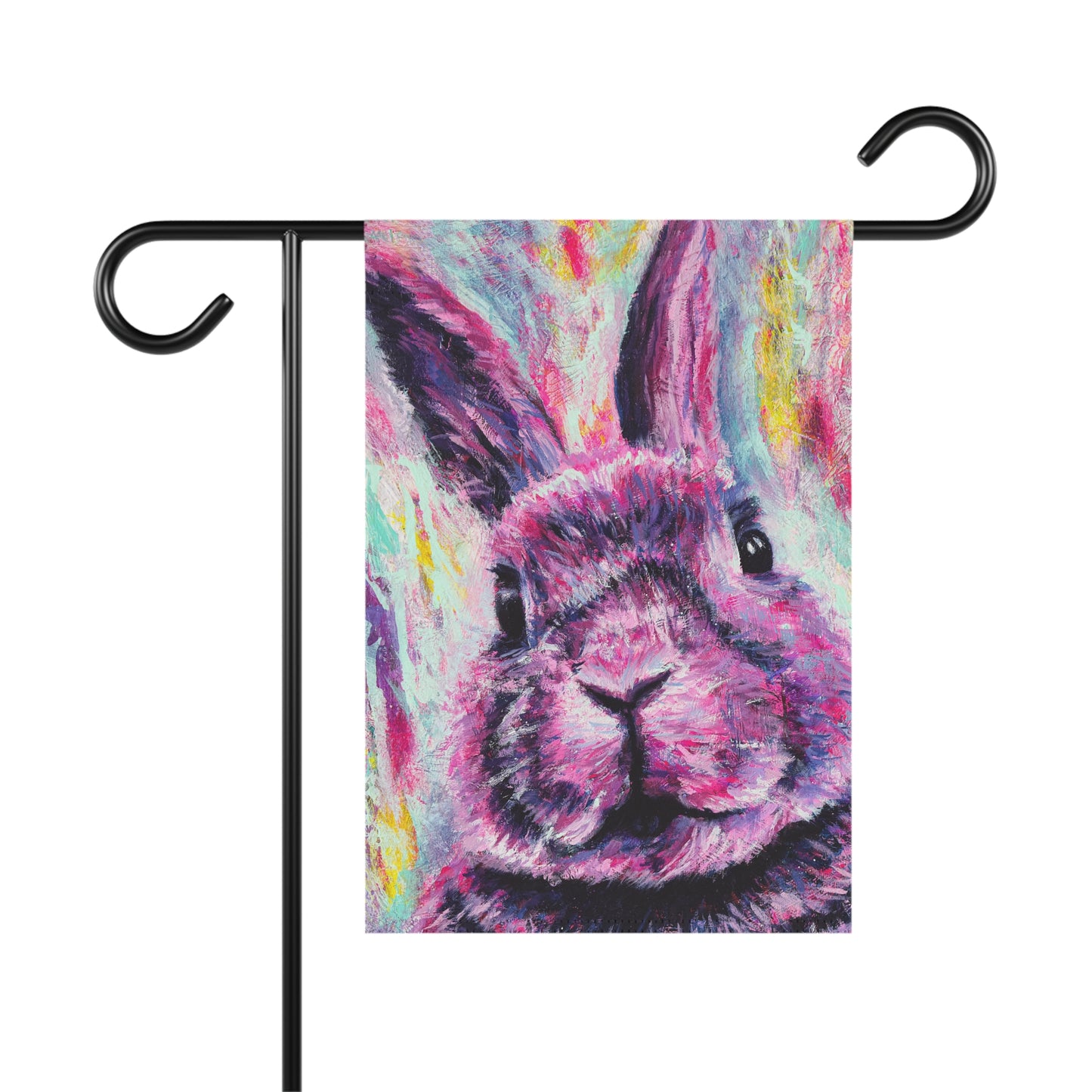 Decorative garden flag with a pink colorful rabbit painting design on a white background