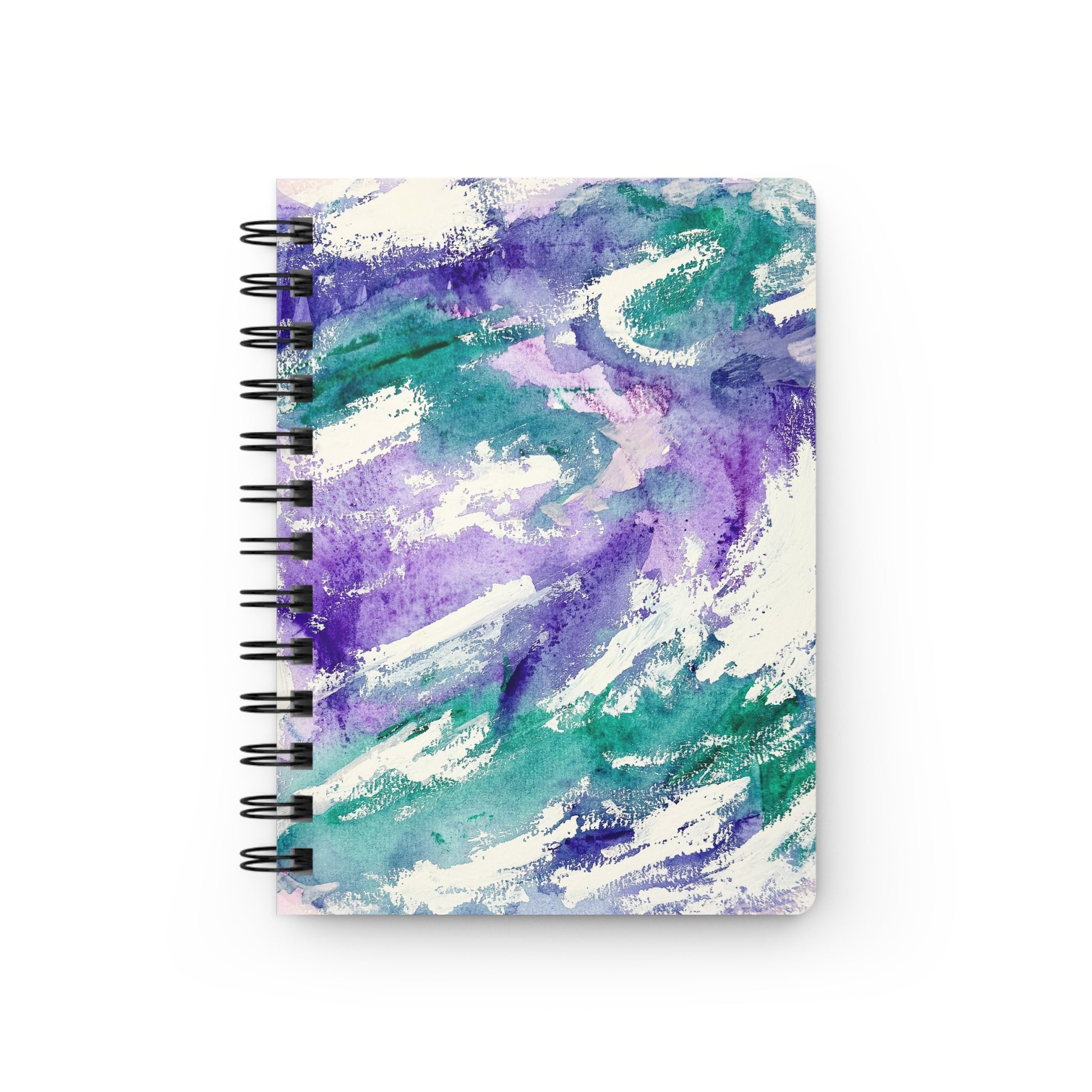 A spiral-bound notebook with a abstract painting cover featuring flowing textures of deep purple, emerald greens, and white.