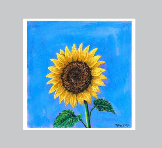 Fine art print of a gouache Painting of a sunflower against a blue background