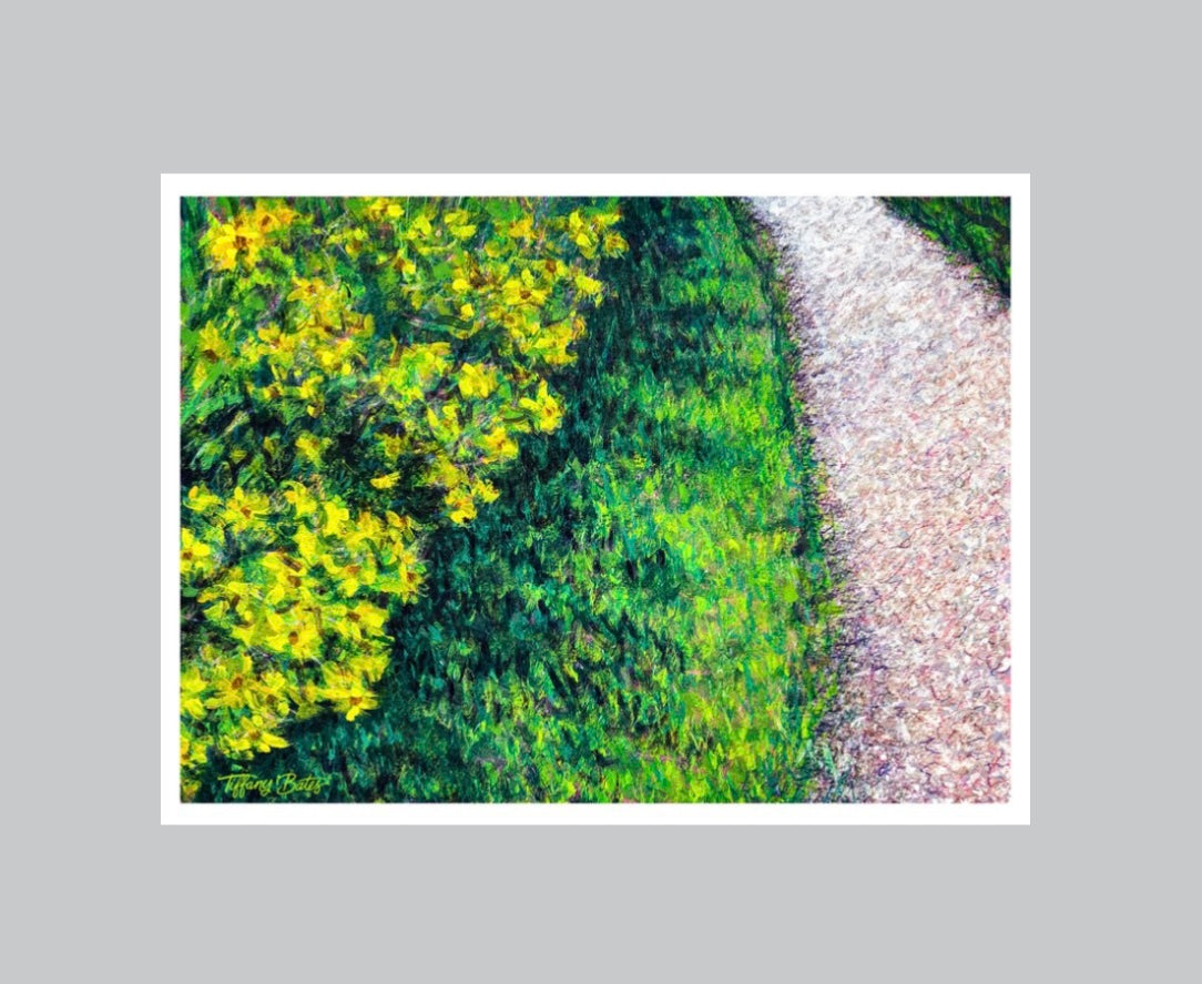 Fine art print of a painting of a wildflower field with yellow flowers and bright green grass and a path wrapping around.