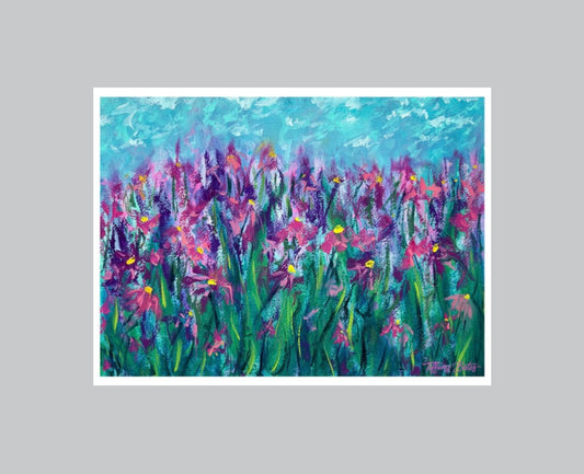 Fine art print of a vibrant oil Painting of a field of purple and pink wildflower field with a blue sky and wispy clouds.