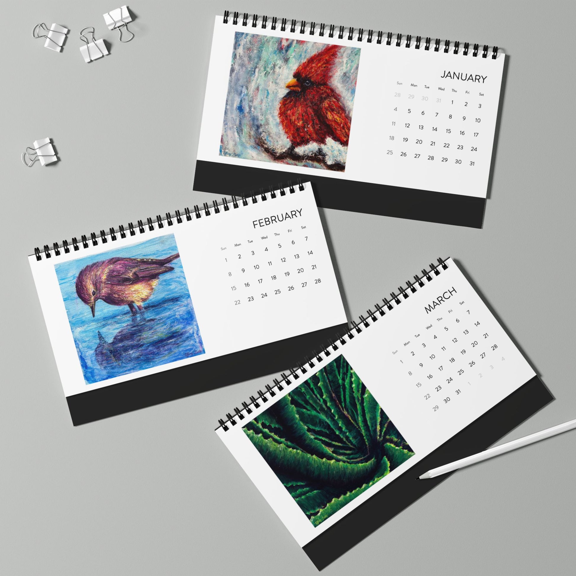 Three spiral-bound calendars for January, February, and March on a gray background.