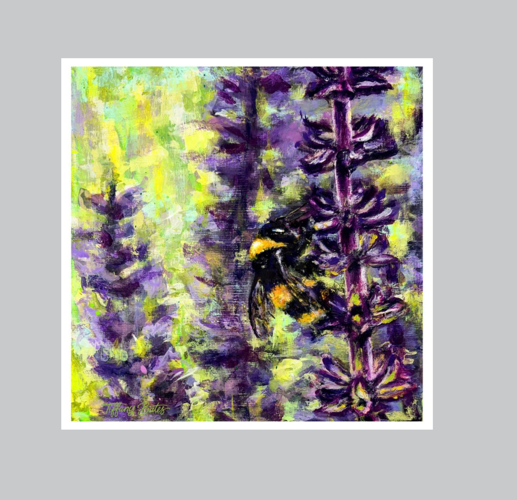 Fine art print of an up close vibrant oil painting of a bee and purple lavender flowers and a green background.
