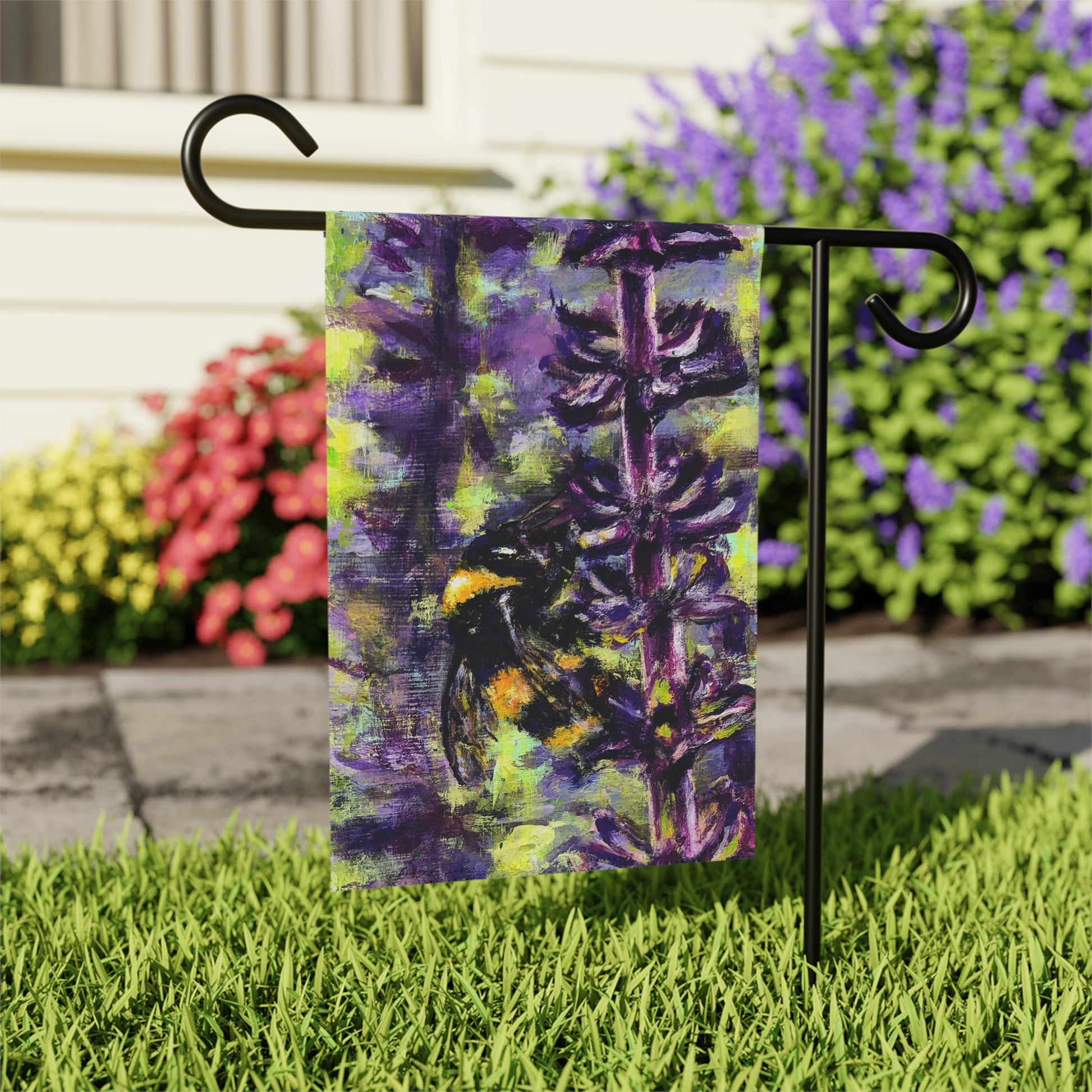 Decorative garden flag with the painting of a bee on purple lavender with green background 