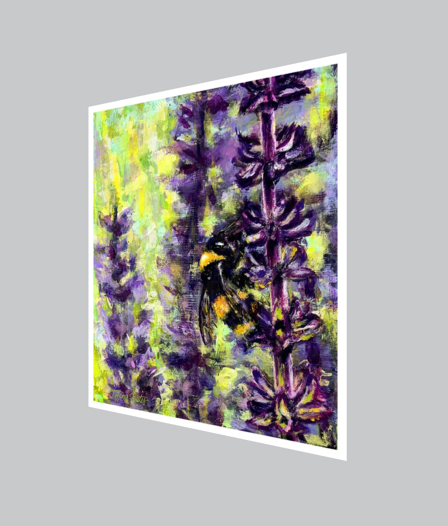 Angled view of Fine art print of an up close vibrant oil painting of a bee and purple lavender flowers and a green background.