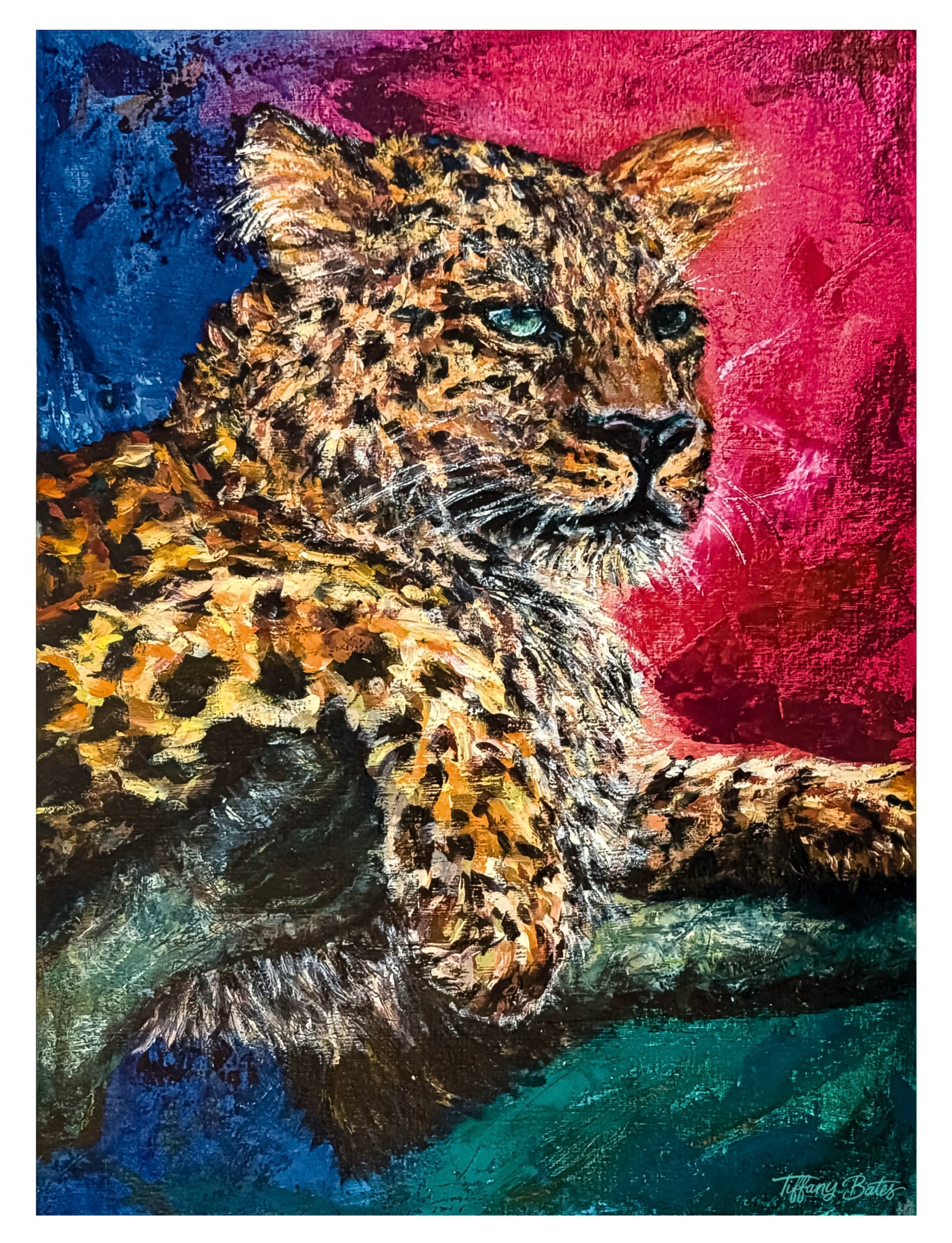 Original oil painting of a resting jaguar on a branch with a colorful pink blue and green backdrop.