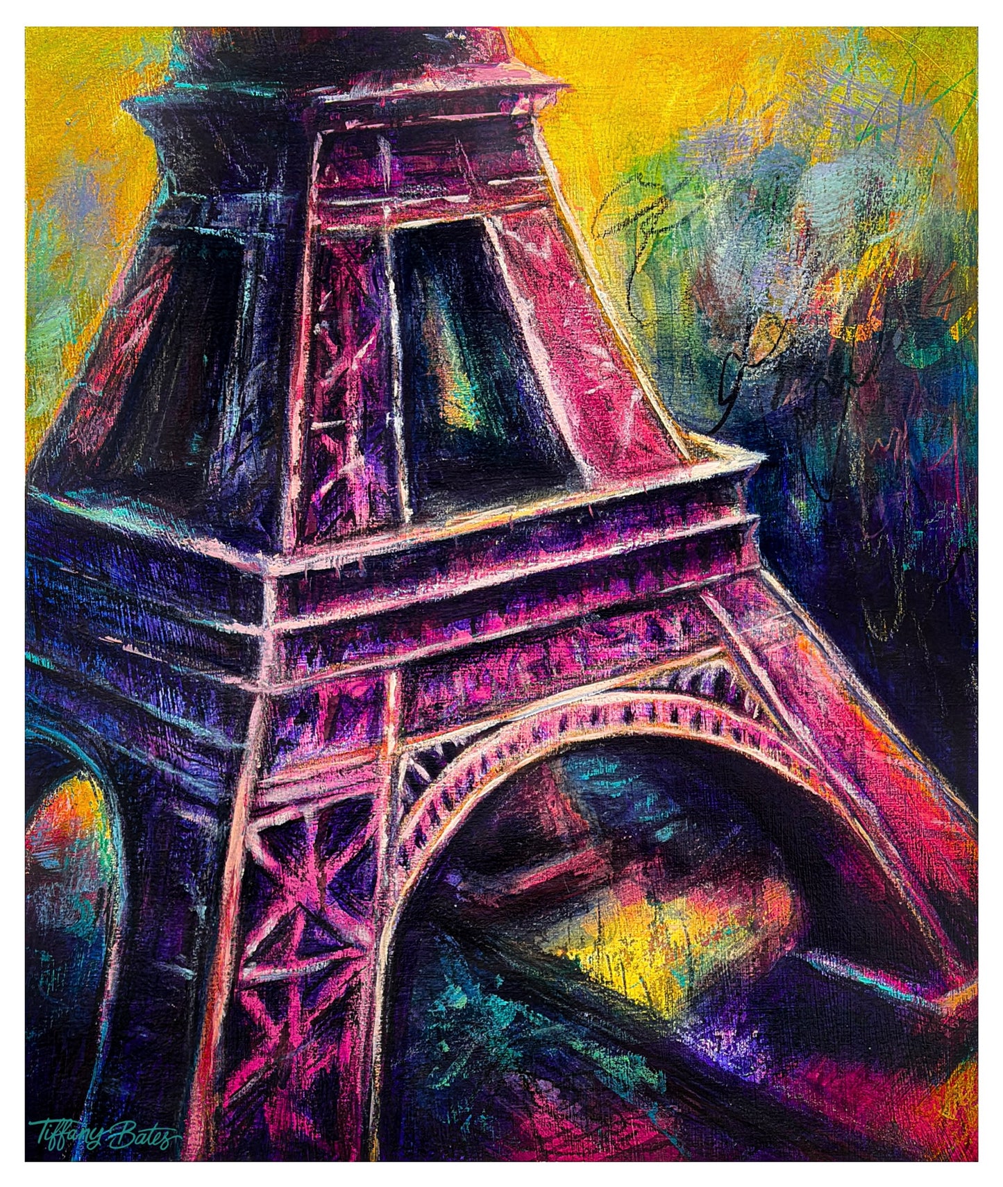 Original oil painting of the Eiffel Tower, featuring a vibrant and colorful artistic close up view with bright pinks and purples and yellows 