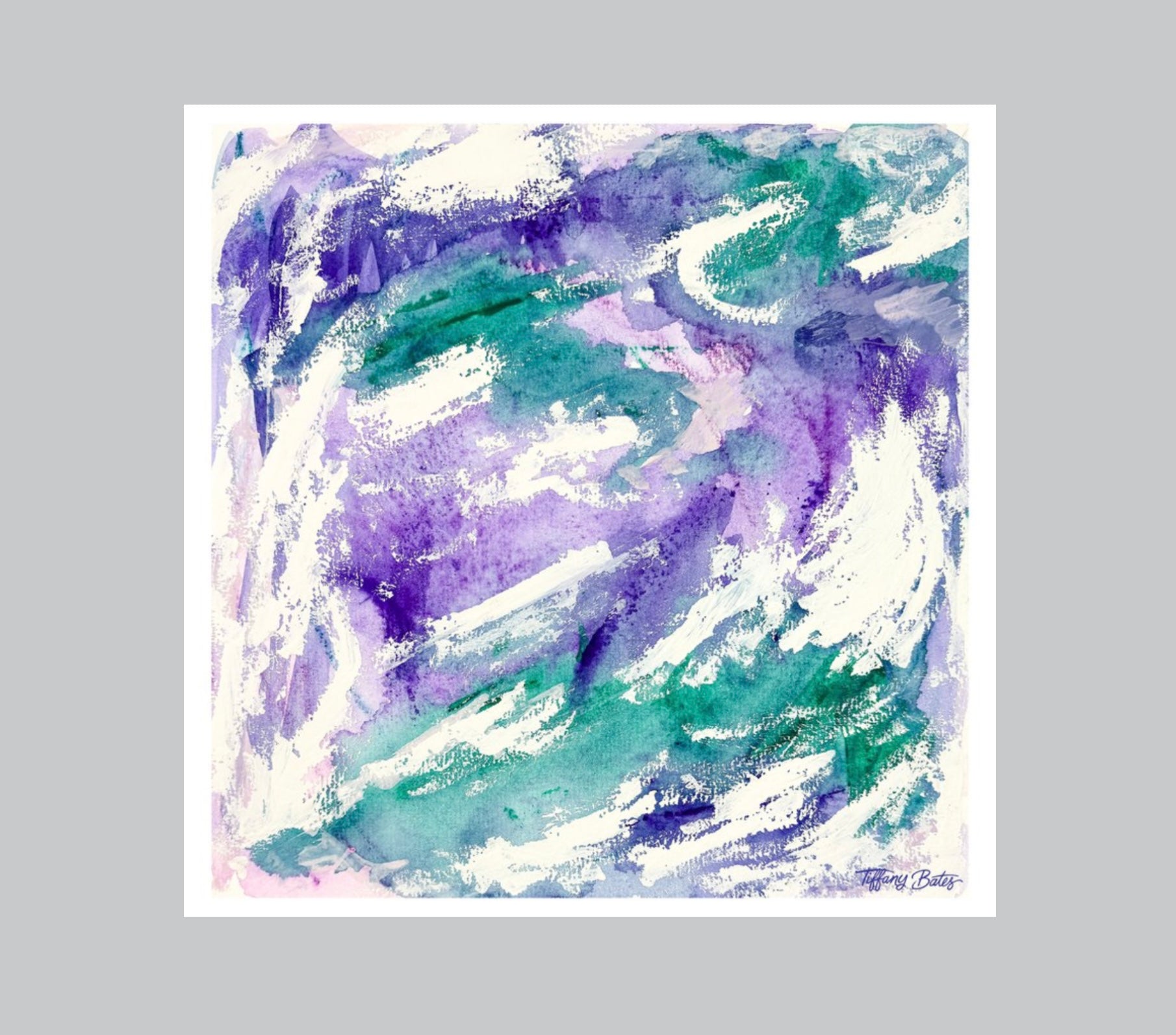 An abstract fine art print of a gouache painting featuring flowing brushstrokes in purple, green, and white colors
