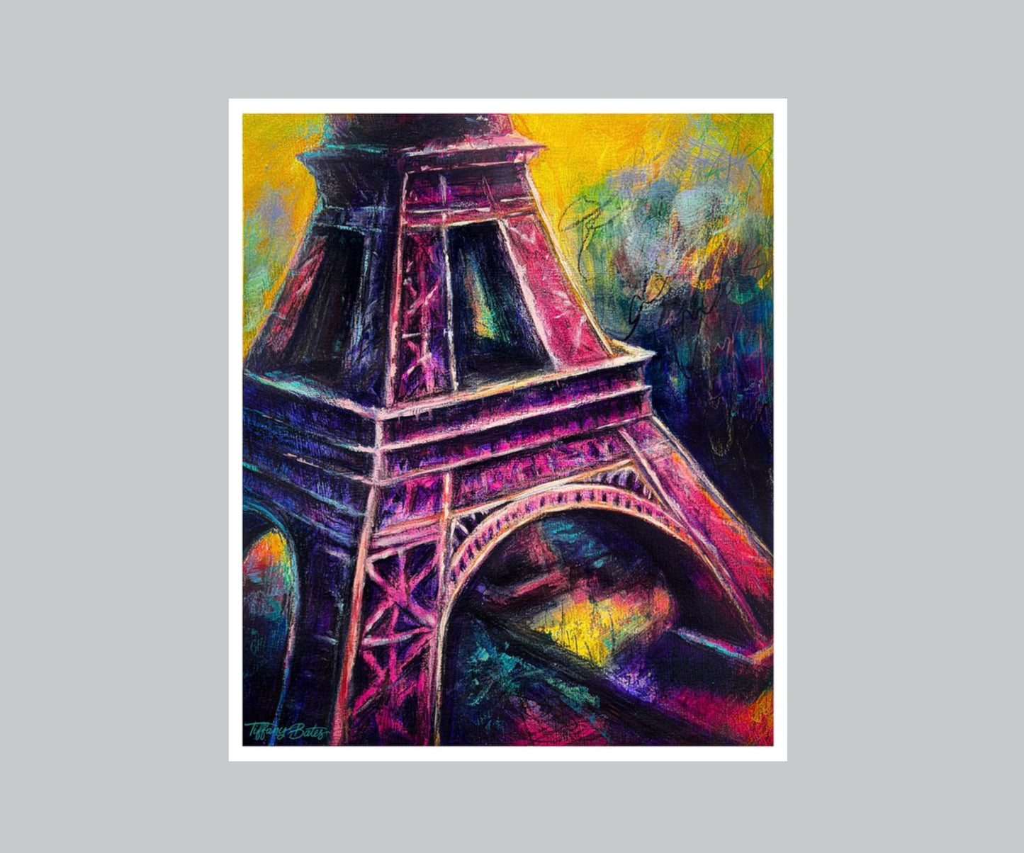A fine art print of A colorful artistic representation of the Eiffel Tower, featuring rich purples, twilight blues, passionate pinks, and glowing yellows.