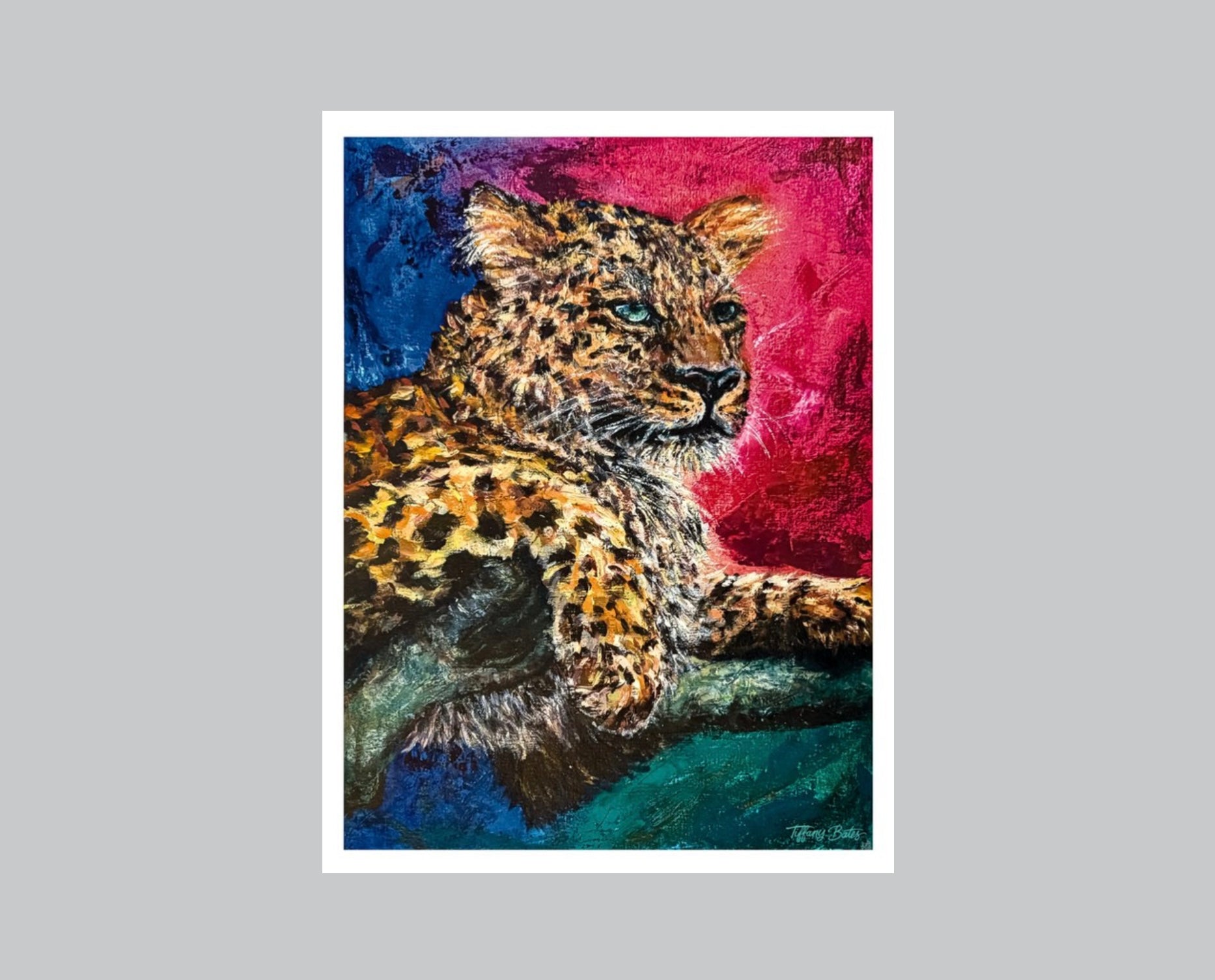 A fine art print of a vibrant oil painting, a Jaguar in a vibrant colors, with a mix of pink, blue, and yellow creating a striking visual effect. The Jaguar is depicted in a resting pose against an abstract background.