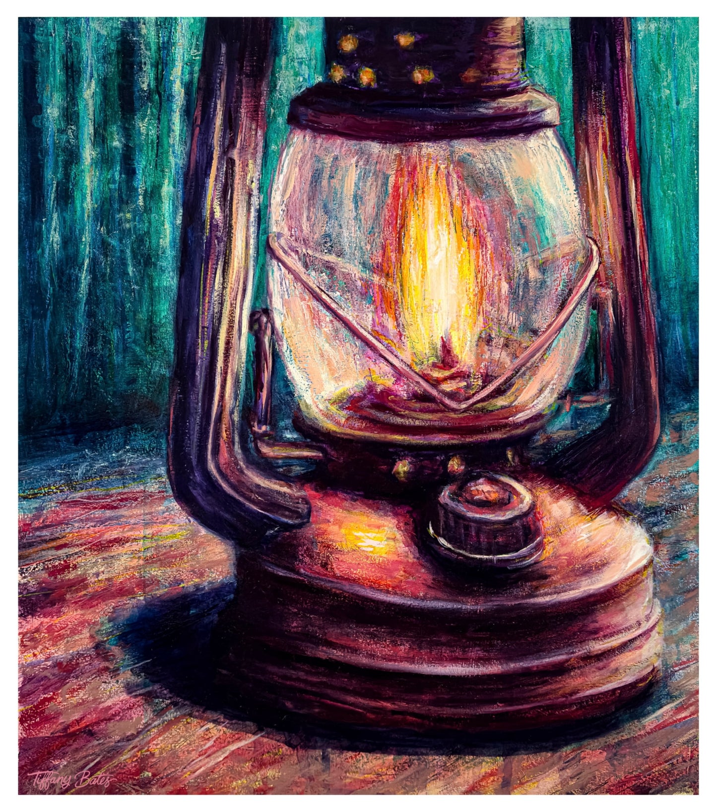 A close-up oil painting of a vintage gas lantern with a warm glow on a camp table against a backdrop with abstracted blues and greens trees