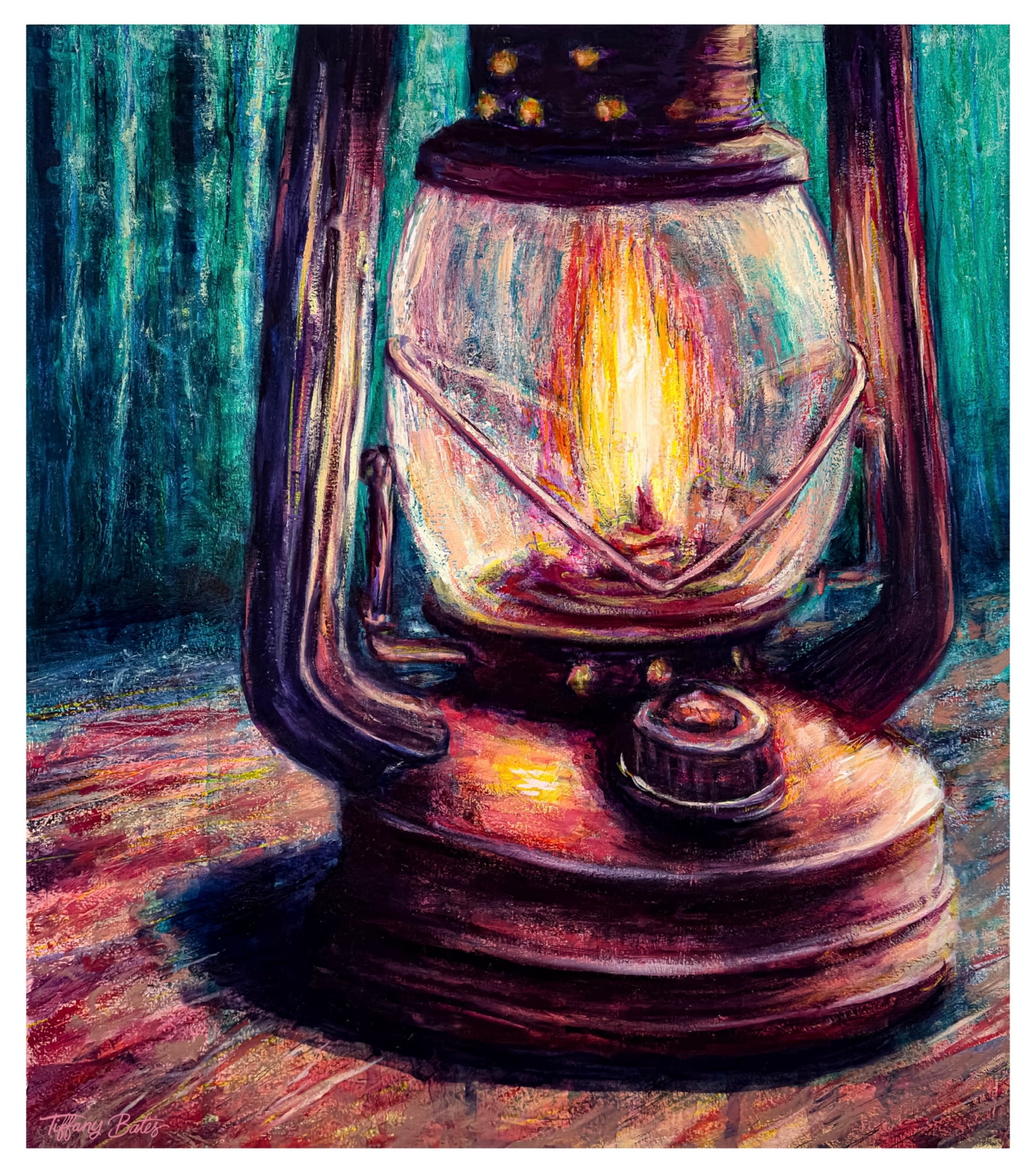 A close-up oil painting of a vintage gas lantern with a warm glow on a camp table against a backdrop with abstracted blues and greens trees