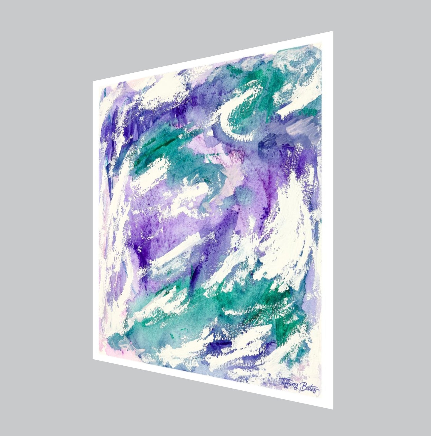 And angled view of An abstract fine art print of a gouache painting featuring flowing brushstrokes in purple, green, and white colors