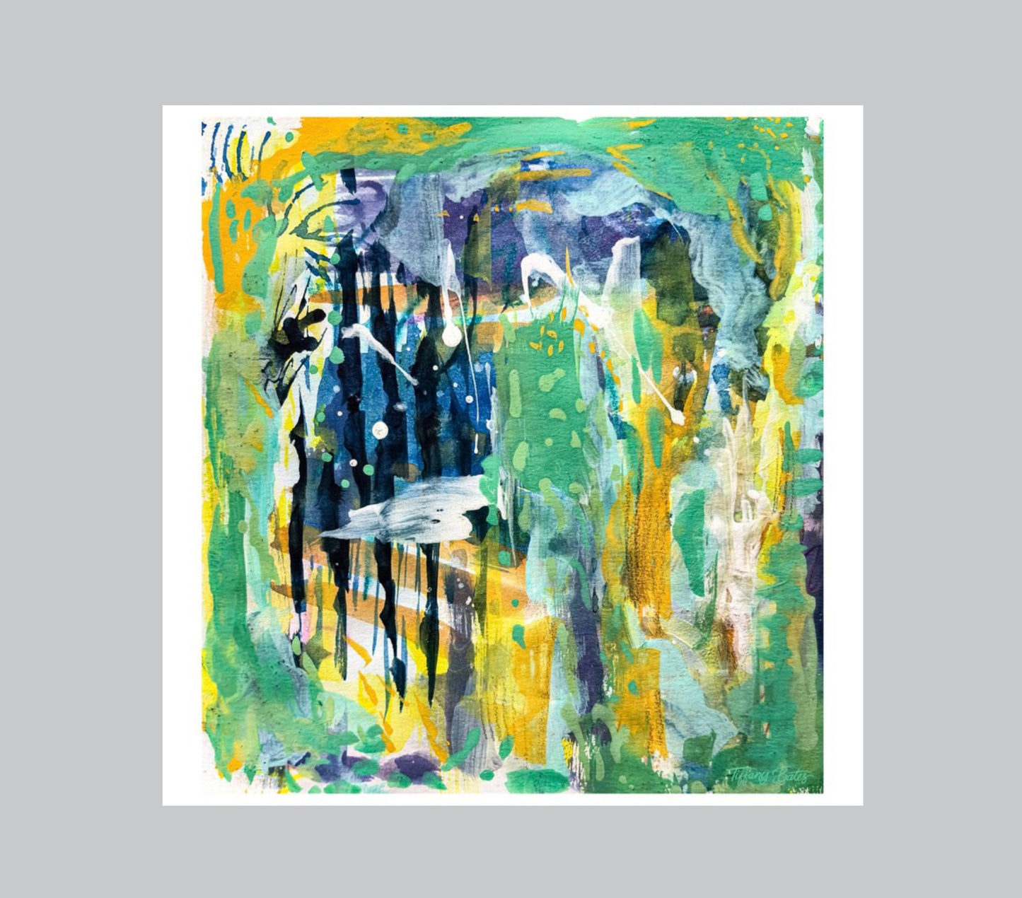 An abstract fine art print of a gouache painting featuring layers of greens, deep blue stripes, and warm golden-yellow accents with white splatters.