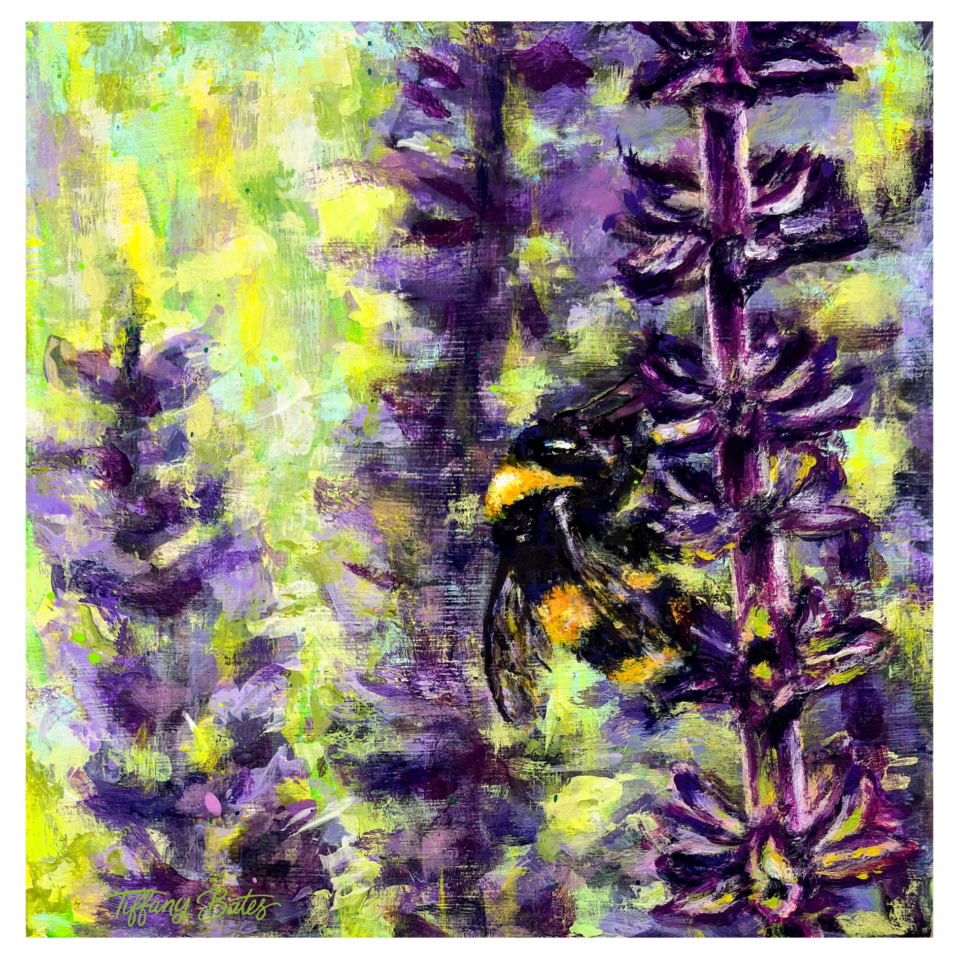 Vibrant, colorful Oil Painting of a bee on purple lavender flowers with a green abstract background